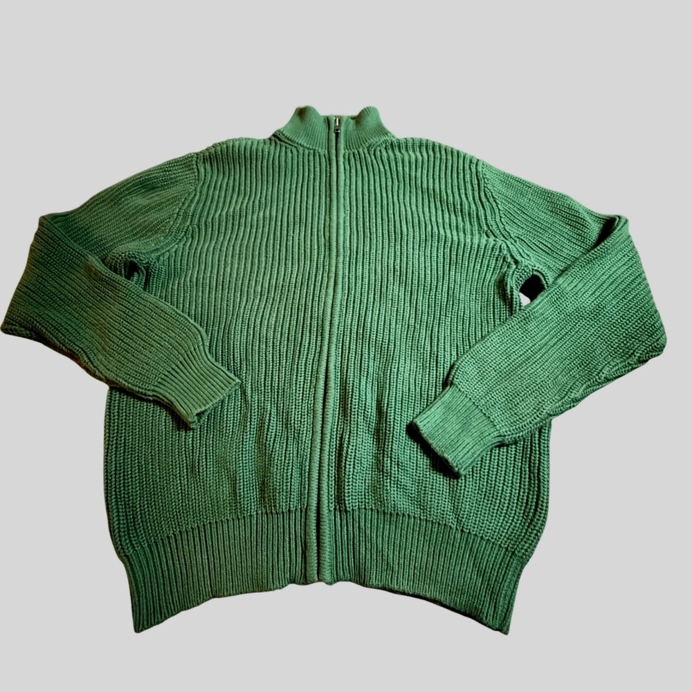 LL Bean Full Zip Sweater Mens Medium Green Cotton Ribbed Knit Cardigan